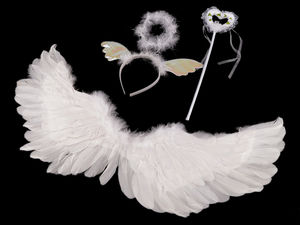 Premium White Angel Costume Accessories Set - Feather Wings, Halo Headband, and Wand for Carnival, Halloween, and Dress-Up Play