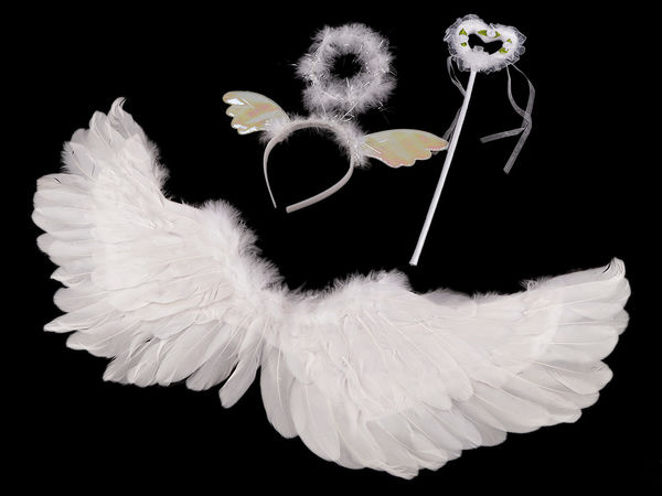Premium White Angel Costume Accessories Set - Feather Wings, Halo Headband, and Wand for Carnival, Halloween, and Dress-Up Play