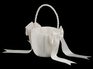 Elegant Satin Wedding Basket with Pearl Handle and Ribbon Bow for Bridesmaids and Flower Girls