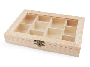 Ivory Multi-Compartment Wooden Organizer Box with Glass Display Lid for DIY Crafts and Jewelry