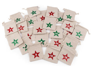 24-Piece Advent Calendar Cotton Burlap Bag Set (8 x 10 cm) – Numbered 1-24 Drawstring Gift Pouches with Star Print
