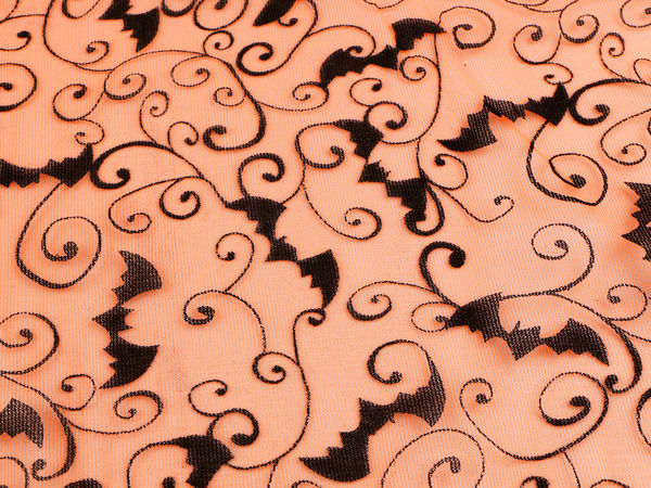 Premium Bat Motif Organza Fabric with Velvet Print for Halloween Decor and Carnival Costumes