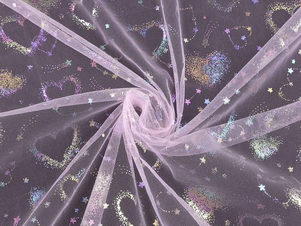 Premium Holographic AB Heart & Star Tulle Fabric - Soft Elastic Mesh by the Metre