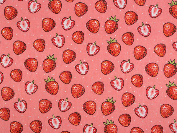 Premium Pink Cotton-Linen Imitation Canvas Fabric with Strawberry Pattern - Coarse Weave for Home Decor & Crafting