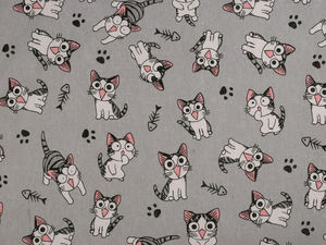 Premium Linen-Imitation Cotton Canvas Fabric with Playful Cat Motif - Heavyweight Craft & Sewing Material