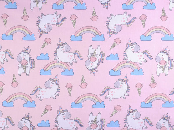 Premium Unicorn & Ice Cream Cotton Canvas Fabric (Light Pink) - Soft Material for Children's Bedding, Pillows, and DIY Crafts