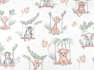 Premium Safari Animals Cotton Flannel Fabric – Ultra-Soft & Warm Breathable Cloth for Pajamas, Bedding, and Nursery Crafts (White & Green)