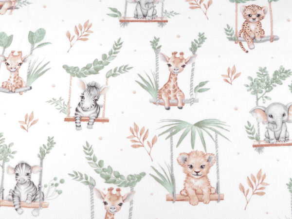 Premium Safari Animals Cotton Flannel Fabric – Ultra-Soft & Warm Breathable Cloth for Pajamas, Bedding, and Nursery Crafts (White & Green)