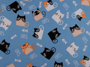 Premium Blue Cotton Linen-Imitation Fabric with Playful Cat Print - Durable Material for Sewing, Home Decor, and Crafts