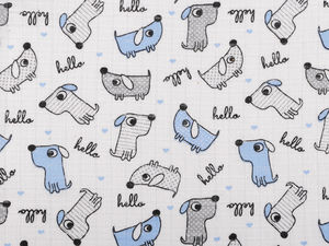 Premium 2-Layer Cotton Muslin Fabric (White, Playful Dog Print) – Breathable Double-Gauze Cloth for Sewing Baby Diapers, Bibs, and Canopies
