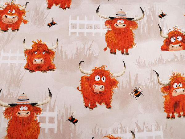 Premium Cotton Canvas Fabric with Playful Cow Motifs - Light Beige Linen-Look Craft and Sewing Material