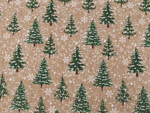 Premium Natural Burlap Christmas Fabric with Snowy Trees and Glitter Print