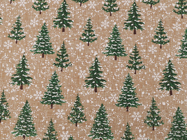 Premium Natural Burlap Christmas Fabric with Snowy Trees and Glitter Print
