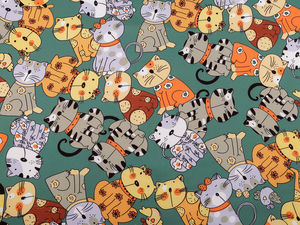 Premium Bottle Green Polyester Tweed Fabric with Playful Cat Print - High-Quality Material for Apparel, Home Decor & Pet Accessories