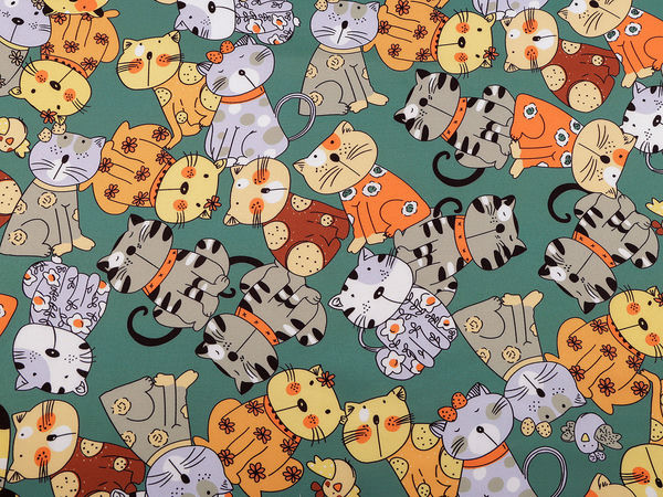 Premium Bottle Green Polyester Tweed Fabric with Playful Cat Print - High-Quality Material for Apparel, Home Decor & Pet Accessories