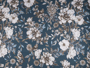 Premium Cotton-Linen Blend Canvas Fabric - Dark Blue Botanical Floral Motif
