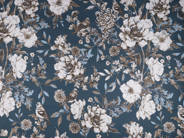 Premium Cotton-Linen Blend Canvas Fabric - Dark Blue Botanical Floral Motif