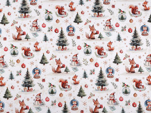 Premium White Christmas Cotton Canvas Fabric with Cute Festive Animal Print - French Design