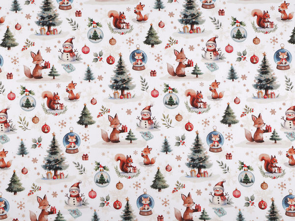 Premium White Christmas Cotton Canvas Fabric with Cute Festive Animal Print - French Design