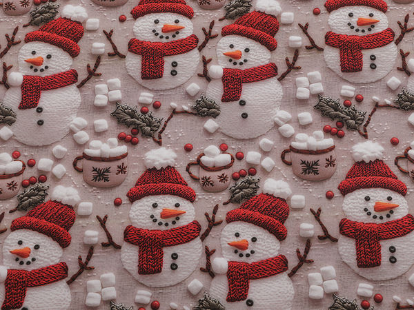 Premium Christmas Cotton Canvas Fabric - Festive Snowman Design (Beige)