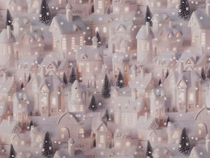 Premium Christmas Cotton Canvas Fabric - Festive Houses Design (Taupe)