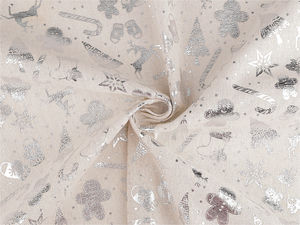 Premium Christmas Cotton Fabric – Linen-Look Plain Weave with Metallic Print for Holiday Sewing & Decor