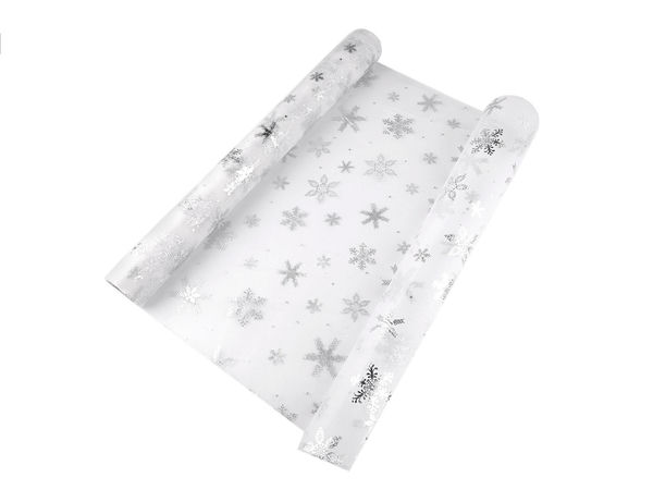 Premium Metallic Snowflake Print Decorative Organza Fabric Roll, 50cm Width