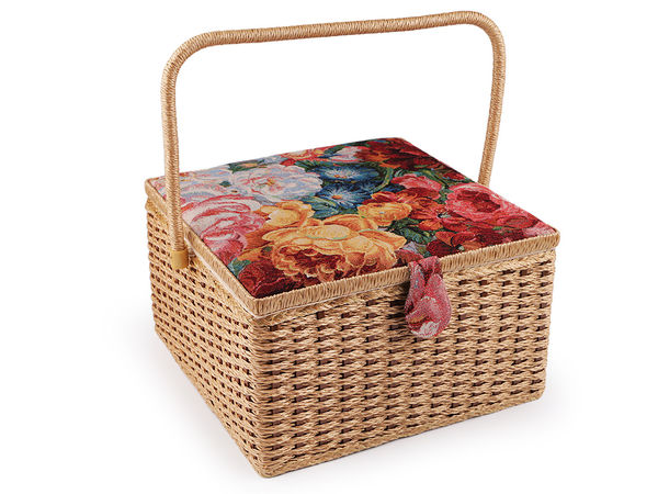 Premium Large Upholstered Sewing Basket with Tapestry Floral Lid & Storage Pocket