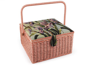 Premium Large Upholstered Sewing Basket with Tapestry Floral Lid & Storage Pocket