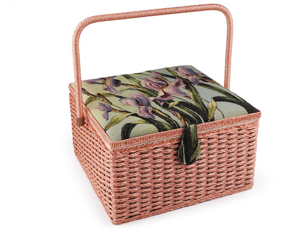Premium Large Upholstered Sewing Basket with Tapestry Floral Lid & Storage Pocket