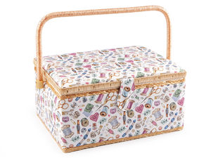 Large Upholstered Sewing Basket with Tailoring Motif – Premium Sewing Supplies Organizer Box with Handle, Magnetic Closure, Pincushion & Pocket