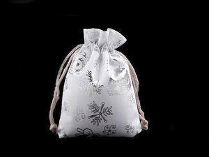 Premium White Cotton Linen Christmas Gift Bag with Metallic Print and Drawstring, 9x11 cm