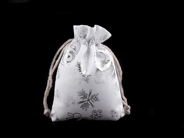 Premium White Cotton Linen Christmas Gift Bag with Metallic Print and Drawstring, 9x11 cm