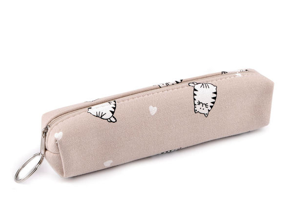 Cute Cat Print Fabric Pencil Case - Compact Zippered Multi-Purpose Pouch & Cosmetic Organizer with Keyring Clip (18 x 4 cm)