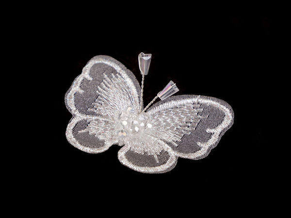 Off White Glass Beaded Butterfly Applique - Premium Embroidered Monofilament Sew-On & Glue-On Patch for Clothing, Bags, and Accessories