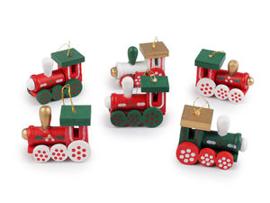Nostalgic Wooden Mini Train Christmas Ornaments - Set of 6 Hanging Festive Decorations