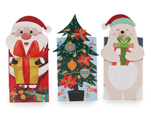 Festive Christmas & Santa Claus Paper Gift Bags with Closure Stickers, Matte Finish Treat Bags with Widened Bottom - 3-Pack