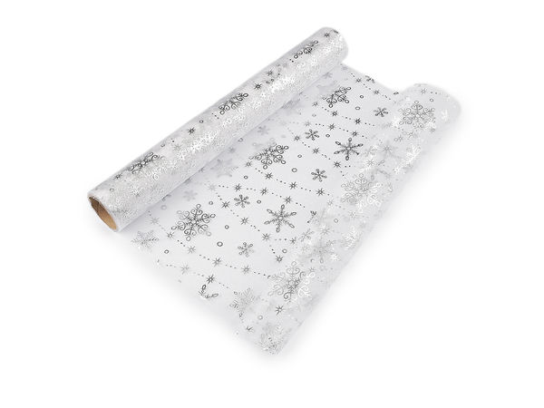 Metallic Silver Snowflake Christmas Organza Roll (36 cm Width) - Festive Holiday Table Runner & Craft Fabric