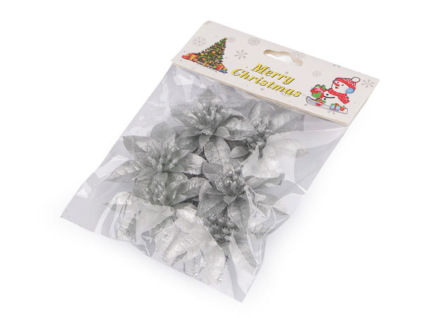 Silver Metallic Poinsettia Christmas Star Floral Decor with Wire, Set of 6