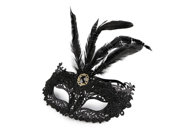 Elegant Lace Masquerade Eye Mask with Feathers, Rhinestones & Glitter