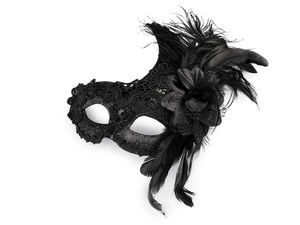 Venetian Lace & Feather Masquerade Mask with Flower Accent and Glitter Finish