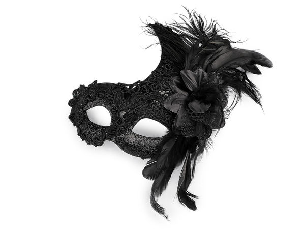Venetian Lace & Feather Masquerade Mask with Flower Accent and Glitter Finish