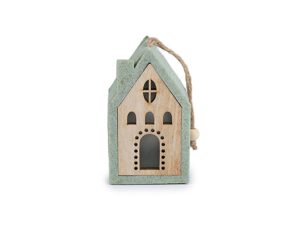 Pre-Lit Felt and Wood Hanging Miniature House Ornament - Modern Holiday & Everyday Decorative LED Accent