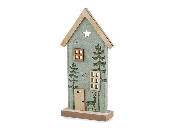 Charming Felt and Wood Decorative House with Forest Deer Motif – Seasonal Tabletop Ornament and Cozy Home Accent
