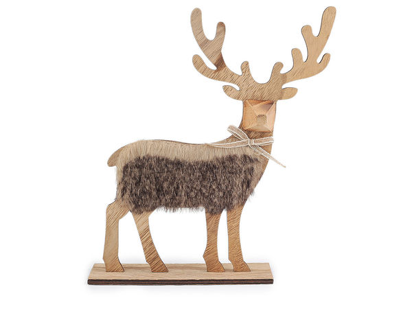 Scandinavian Wooden Deer Figurine with Faux Fur Accent - 30 cm Tabletop Winter & Holiday Home Decor