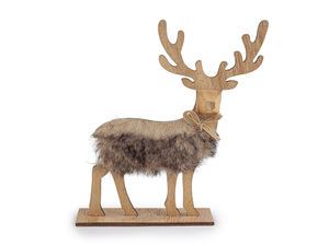 Premium Scandinavian Wooden Deer Figurine with Faux Fur Detail - 21.5cm Rustic Tabletop Decor