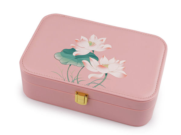 Water Lily Print Eco-Leather Jewelry Organizer Box with Mirror and Compartments, 14.5 x 22 x 7 cm