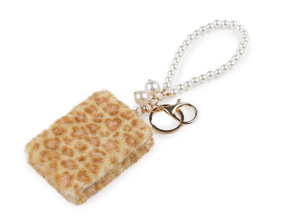 Plush Animal-Pattern Compact Cosmetic Mirror & Purse Charm with Faux Pearl Hand Strap