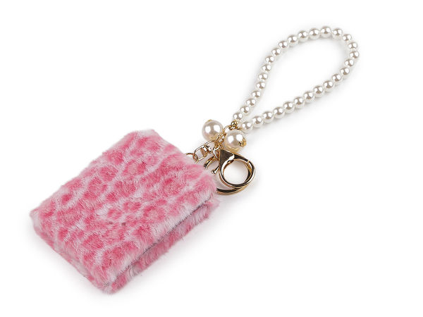Plush Animal-Pattern Compact Cosmetic Mirror & Purse Charm with Faux Pearl Hand Strap