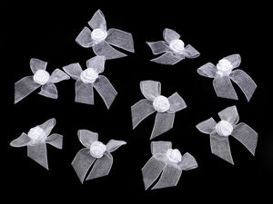 Delicate White Organza Ribbon Bow with Satin Rose Applique for Bridal Wear, Lingerie, Crafts, and Floral Arrangements